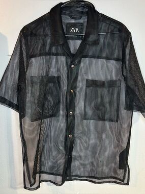 ZARA Black Sheer Mesh Short-Sleeve Button Up Shirt Jacket club y2k streetwear